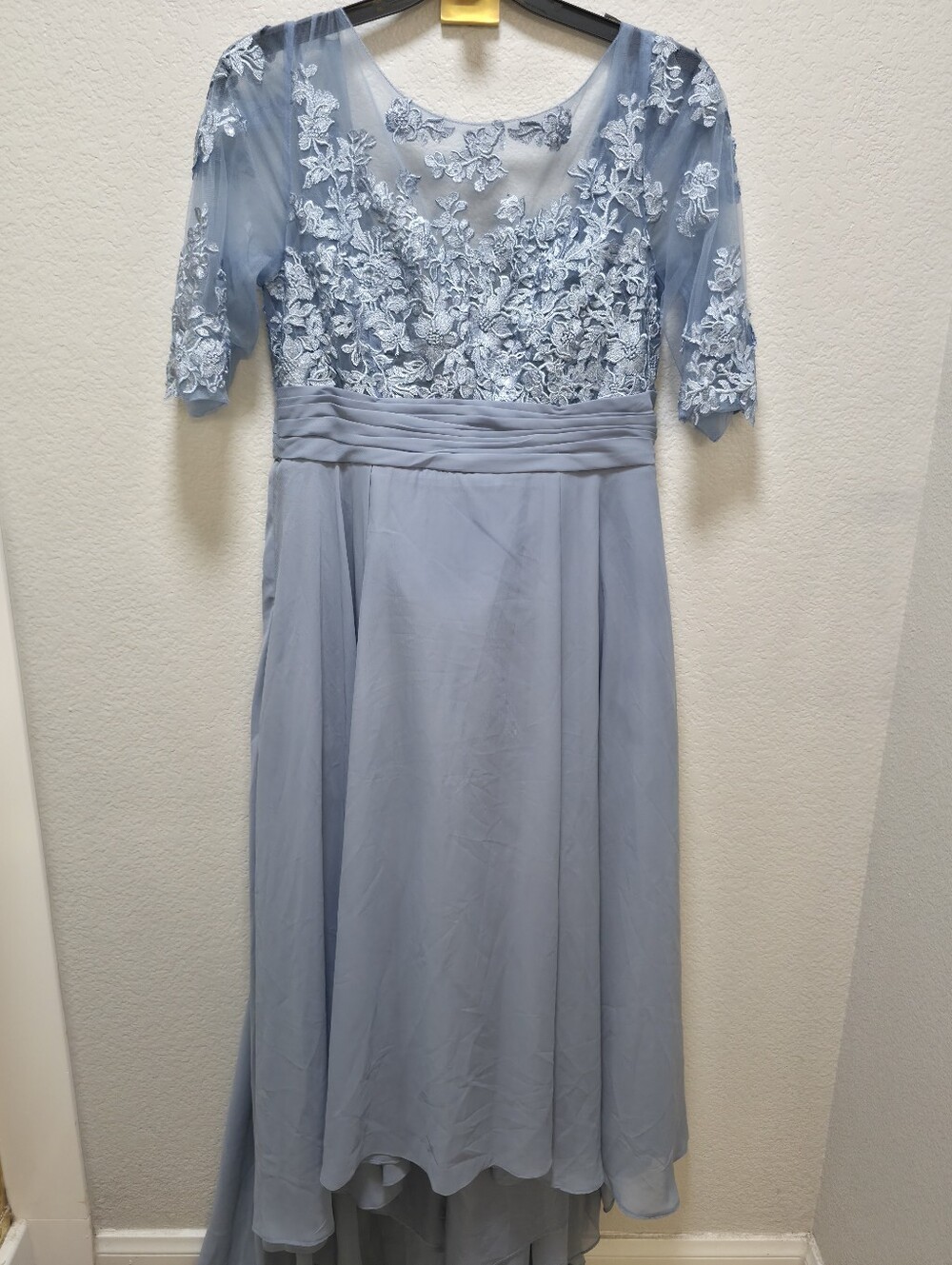 Elegant Lace Bodice Illusion Neck Dress in Light Blue